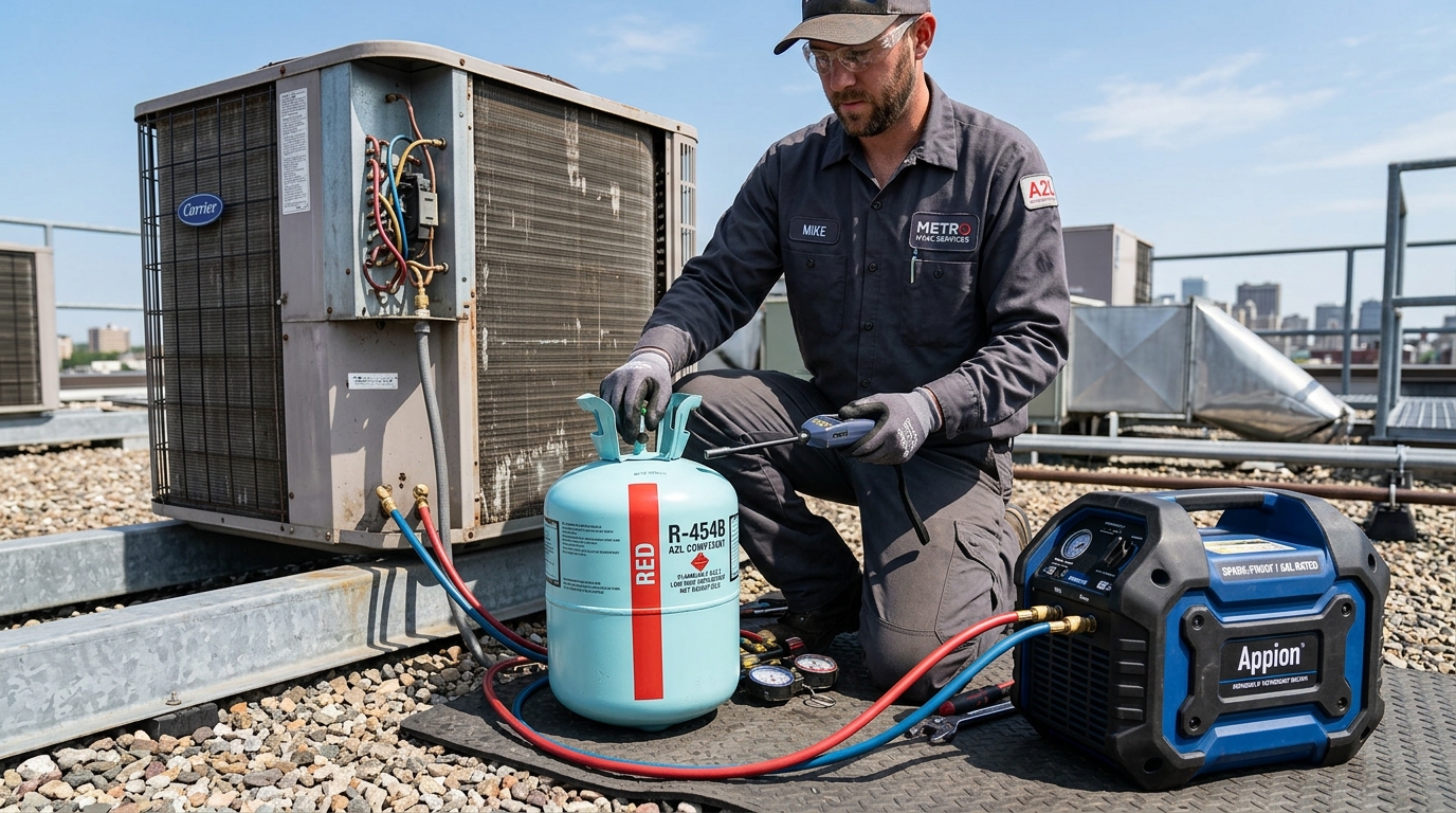 A2L Refrigerant Cylinder Recovery Setup on Commercial Rooftop