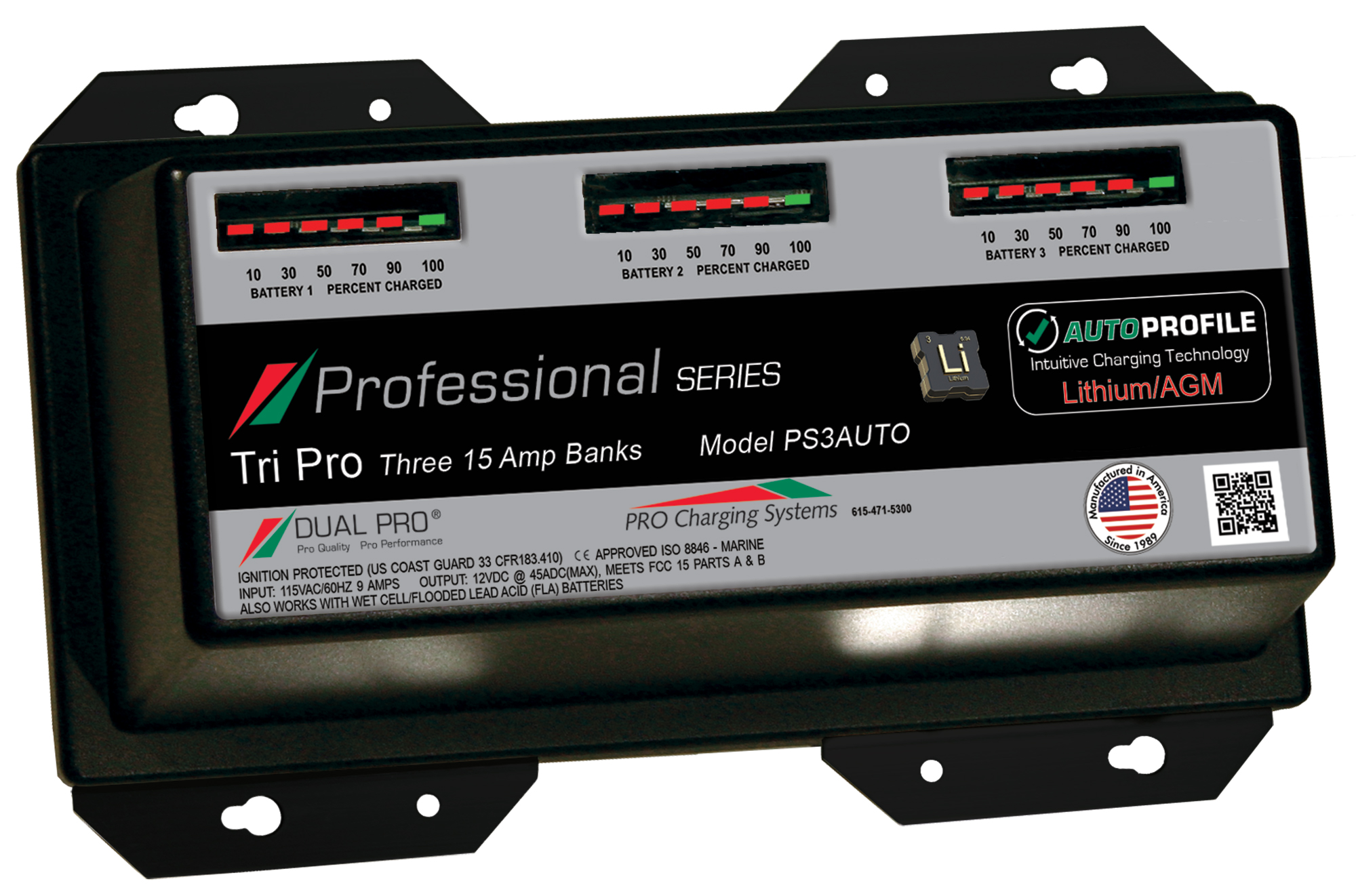 Dual PS3AUTO Pro Battery Charger, Auto Profile 3 Bank 45 Amps