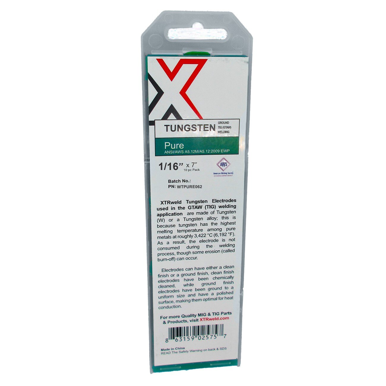 XTRweld XTRWTPURE187 Tungsten Electrode Ground Pure 3/16 in AWS A5.12 Ewp