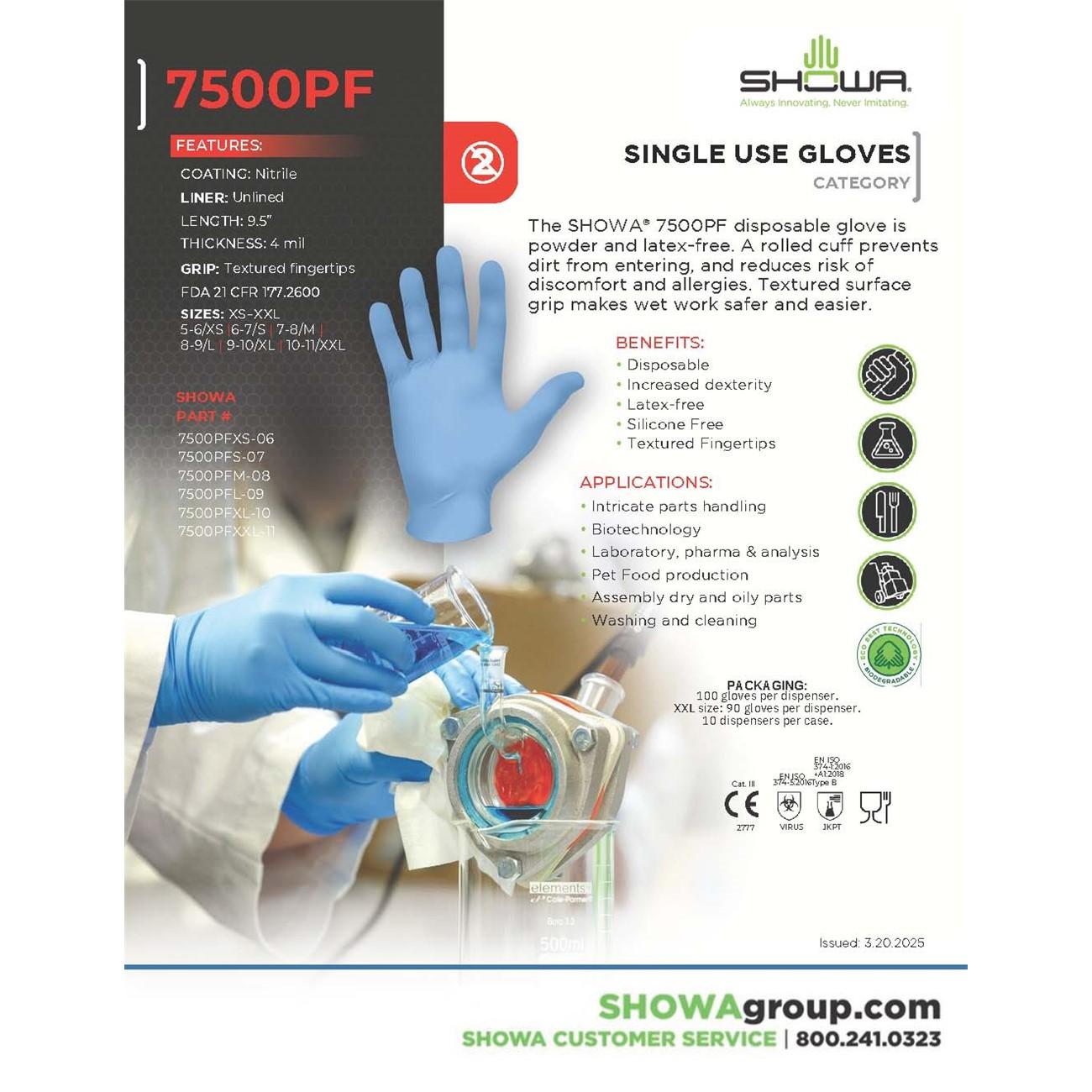 Showa SHW7500PFM Disposable Glove Single Use; Powder Free Medium 5.3 4 mil
