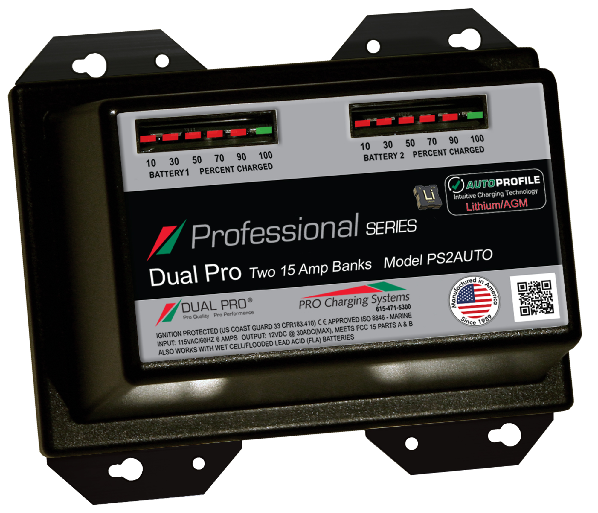 Dual PS2AUTO Pro Battery Charger, Auto Profile 2 Bank 30 Amps