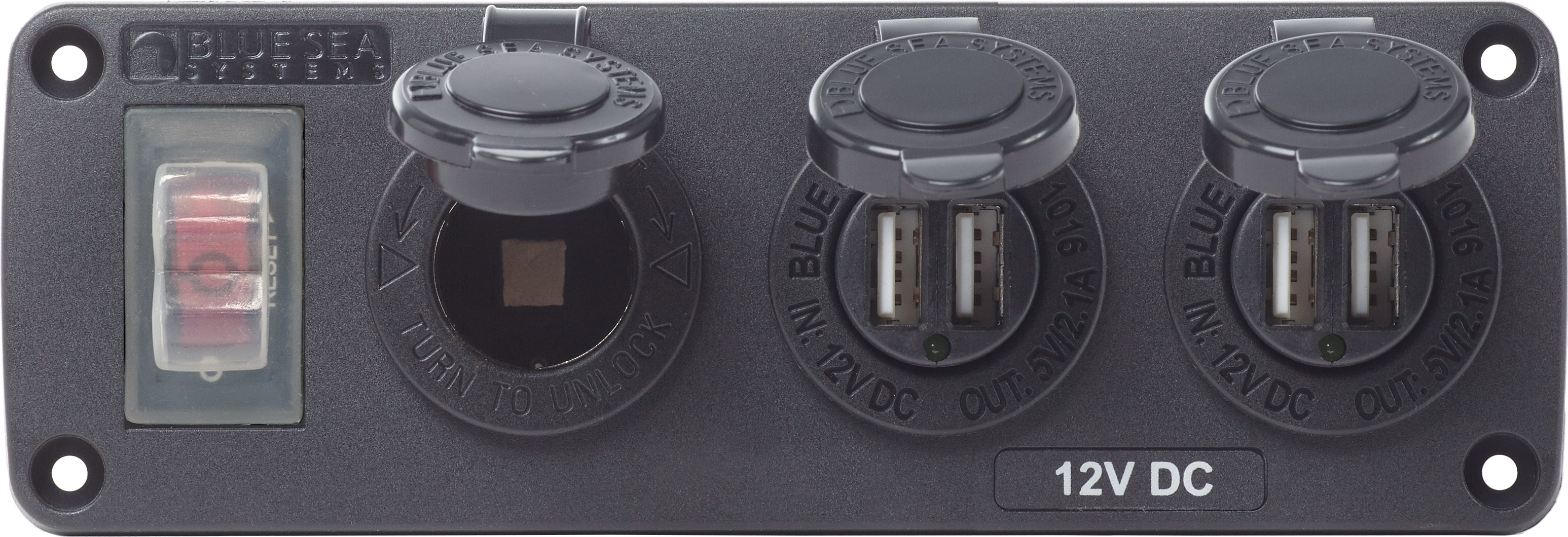 Blue Sea 4365-BSS Water-Resistant 12V 15A Circuit Accessory Panel Socket and Dual USB X 2