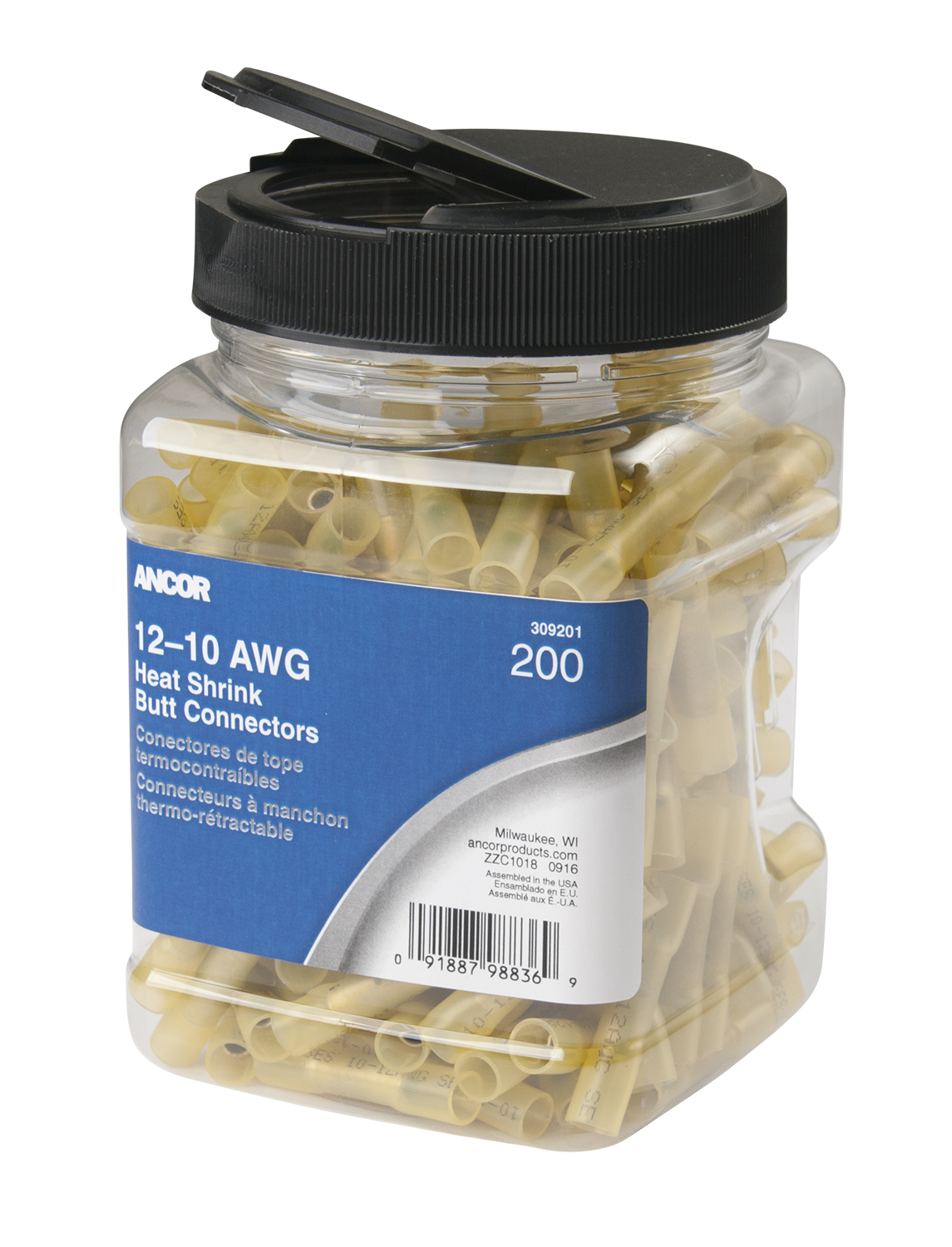 Ancor 309201 12-10 Butt Connector Heat Shrink Yellow 200 Pack Jar