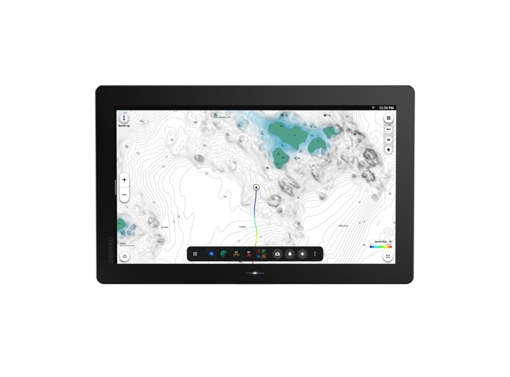 Simrad NSO 4-22. NEON OS, 22-inch Glass-bridge multi-function display. Qualcomm 8-core processor. Full HD touchscreen. Gigabit Ethernet, WIFI, Video In and Out. Next-generation C-MAP DISCOVER X chart included