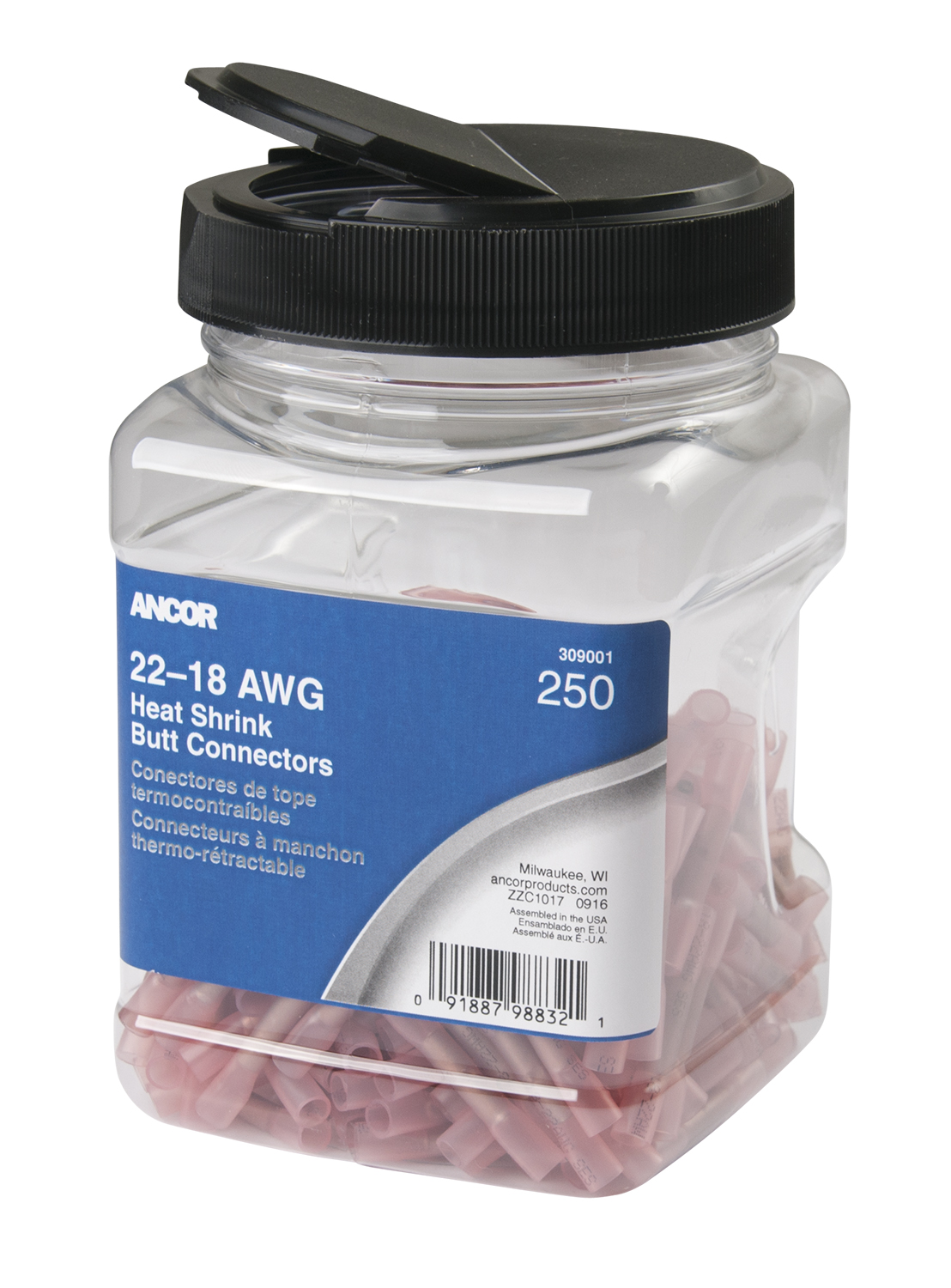 Ancor 309001 22-18 Butt Connector Heat Shrink Red 250 Pack Jar