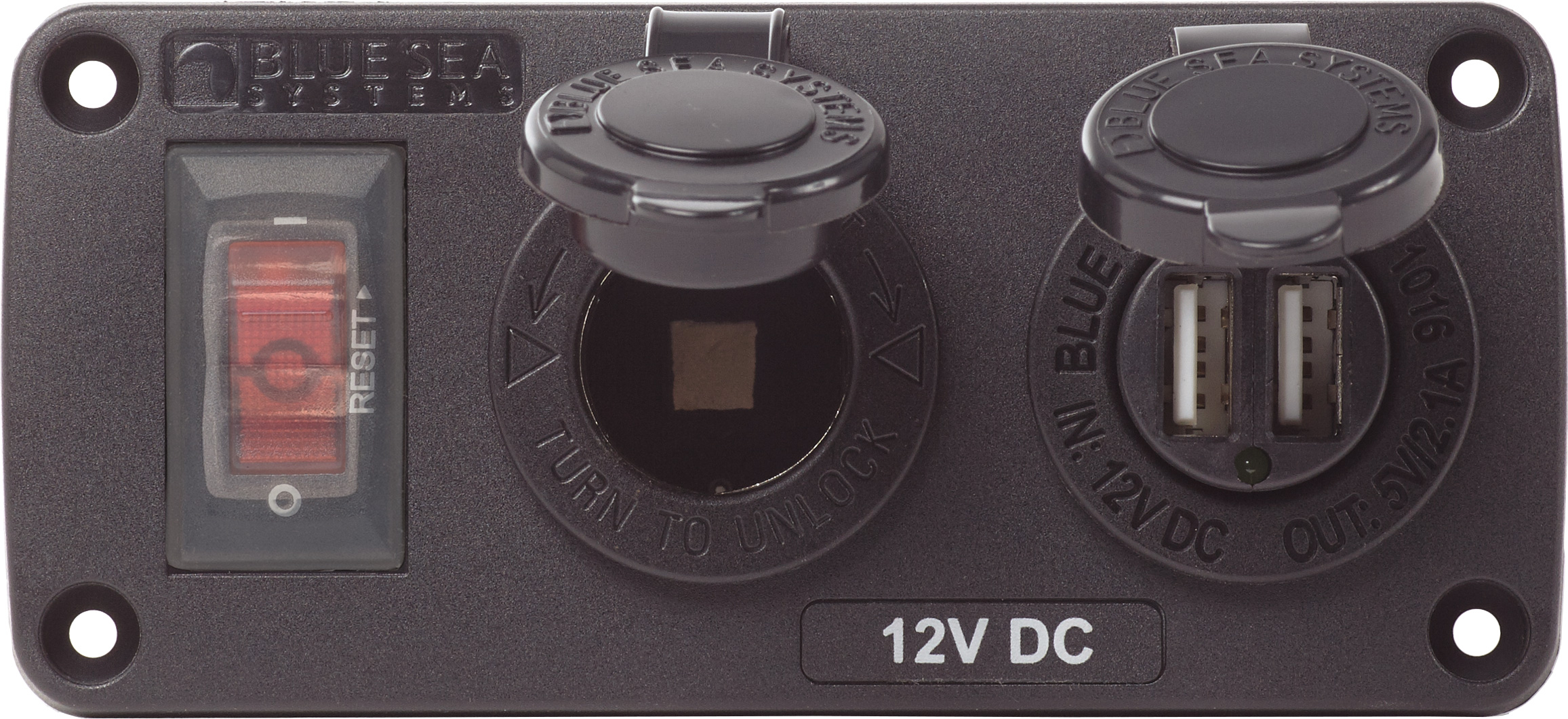 Blue Sea 4363-BSS Water-Resistant 12V 15A Circuit Accessory Panel with Socket and Dual USB