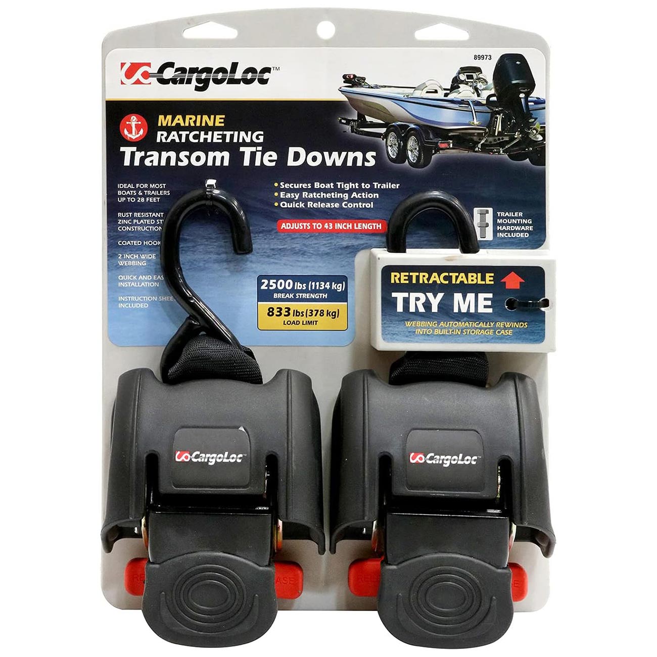 CargoLoc Ratcheting Tie Down - Strap 2" x 43" x 2500lbs Transom (Pair)