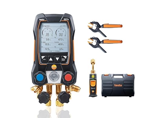 Testo 557s AC Manifold Gauge Set – AC Recharge Kit with 2 x 115i Pipe Clamp Thermometer, 1 x 552i Micron Gauge - Set with Bluetooth