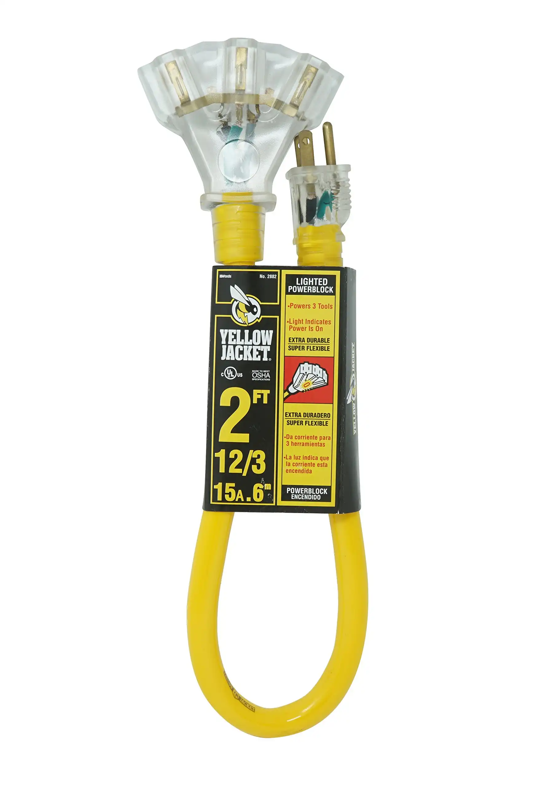 Yellow Jacket 2882 12/3 Heavy Duty 15-Amp, 125 Volts 1875 Watts, Premium SJTW Contractor Grade 3 Outlet Extension Cord with Lighted End