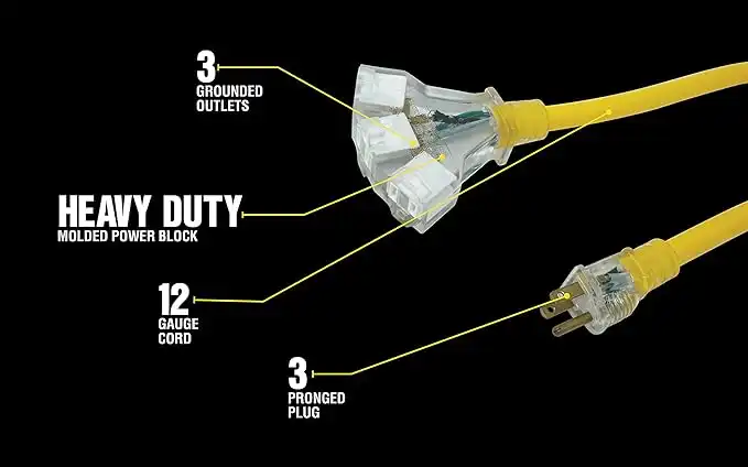 Yellow Jacket 2882 12/3 Heavy Duty 15-Amp, 125 Volts 1875 Watts, Premium SJTW Contractor Grade 3 Outlet Extension Cord with Lighted End - Image 3
