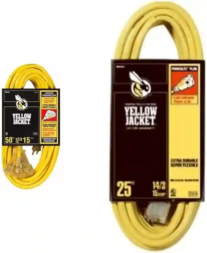 Yellow Jacket 2827 12/3 15-Amp SJTW Contractor Power Block, Heavy Duty, Multi, Lighted Outlets & 15-Amp Heavy Duty Contractor Extension Cord, 50-Feet, Lighted Ends, Clear Molded