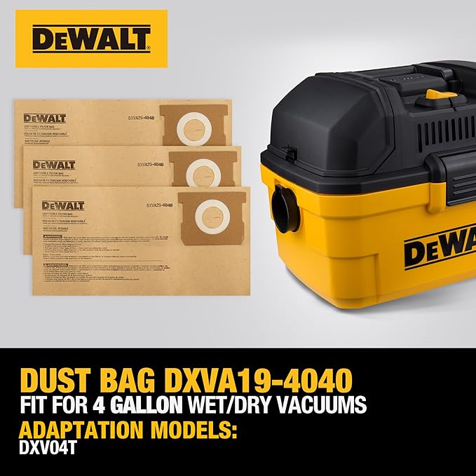 3 Pack DEWALT Dust Bag DXVA25-4040, for 4 Gallon Wet/Dry Vacuum, Disposable Filter Bag Compatible with DEWALT DXV04T