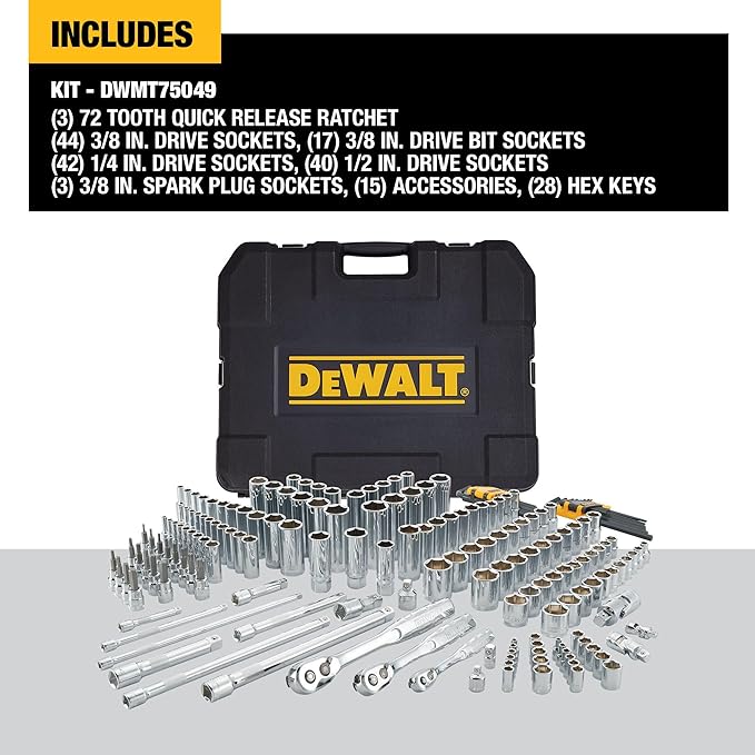 DEWALT Mechanics Tool Set, SAE and Metric Socket Wrench Set, Drive Sizes 1/2, 1/4, 3/8 Socket Set, 192-Piece Tool Box (DWMT75049)