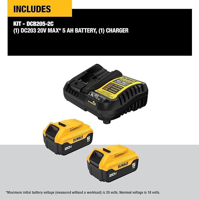 DEWALT 20V MAX Lithium-Ion Battery 2-Pack and Charger, 5.0 Ah, Battery Starter Kit (DCB205-2c)