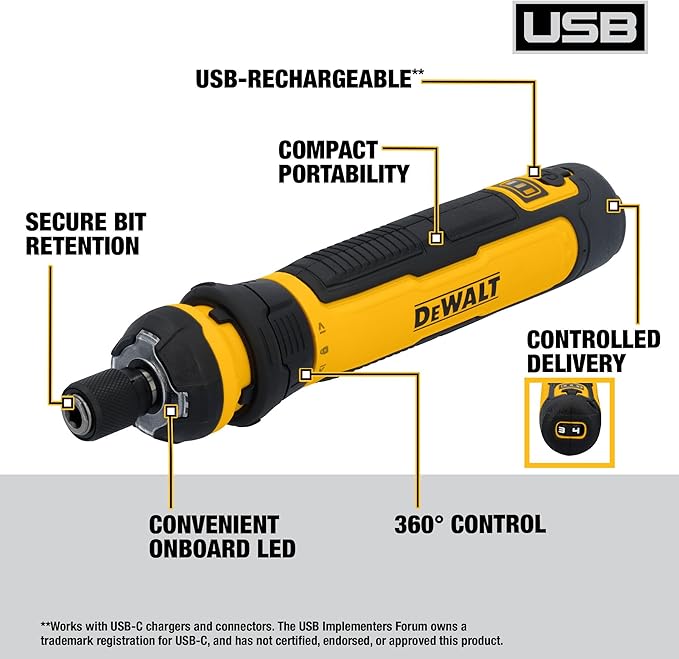 DEWALT Cordless Screwdriver USB Rechargeable with FLEXDRIVE Control and Screwdriver Bit Set, Electric Screwdriver Cordless with LED Light (DWHT66719)