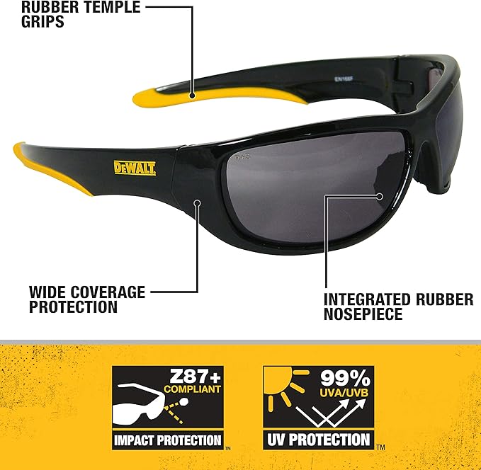 DEWALT DPG94-6C Dominator™ Z87+ Safety Glasses – Black Full Frame & Silver Mirror Lens – Rubber Temples & Nosepiece – 1 Pair