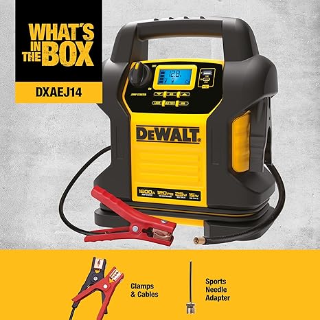 DEWALT DXAEJ14 Digital Portable Power Station Jump Starter - 1600 Peak Amps with 120 PSI Compressor, AC Charging Cube, 15W USB-A and 25W USB-C Power for Electronic Devices
