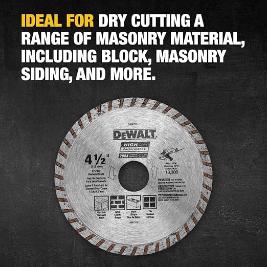 DEWALT Diamond Blade for Masonry, Dry Cutting, Continuous Rim, 7/8-Inch Arbor, 4-1/2-Inch (DW4725)