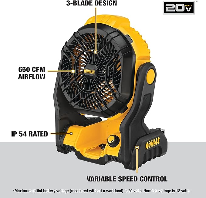 DEWALT 20V MAX Portable Fan, Battery Powered Rechargeable Cordless Shop Fan, Up to 4.5 Hrs Runtime, Variable Speed, 650 CFM, Tool Only (DCE512B)