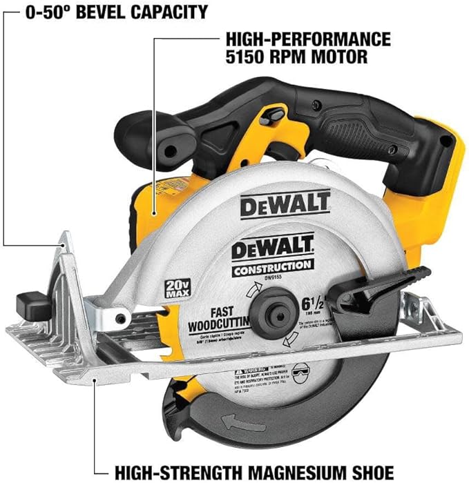 DEWALT 20V MAX Circular Saw, 6-1/2-Inch Blade, 460 MWO Engine, 0-50 Degree Bevel Capability, Battery Not Included - Tool Only (DCS391B)