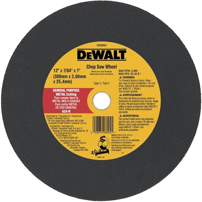 DeWalt DW8004 12 x 7/64 x 1 General Purpose Chop Saw Wheel - Metal