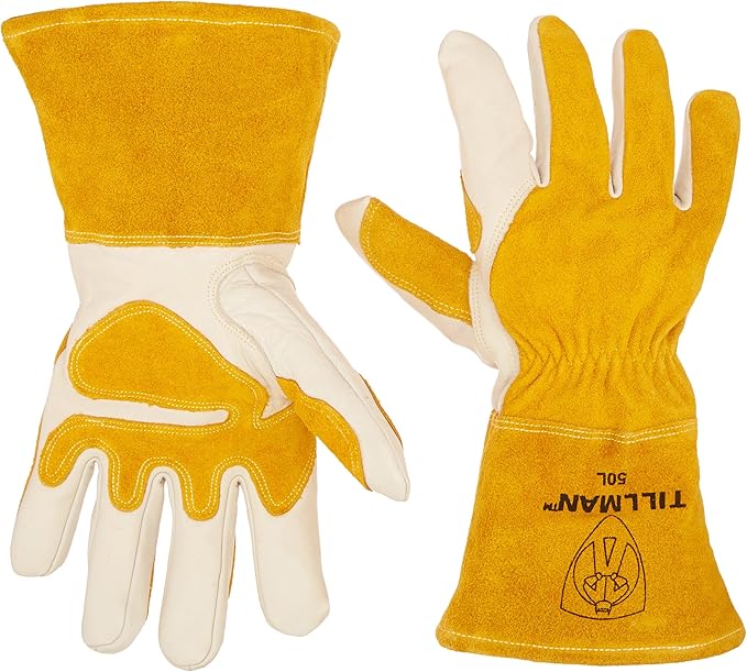 John Tillman and Co Tillman Large 14" Gold and Pearl Top Grain Split Back Cowhide Fleece Lined MIG Welders Gloves with 4" Cuff and Kevlar Thread Locking Stitch (Carded), White/Tan (TIL50L)