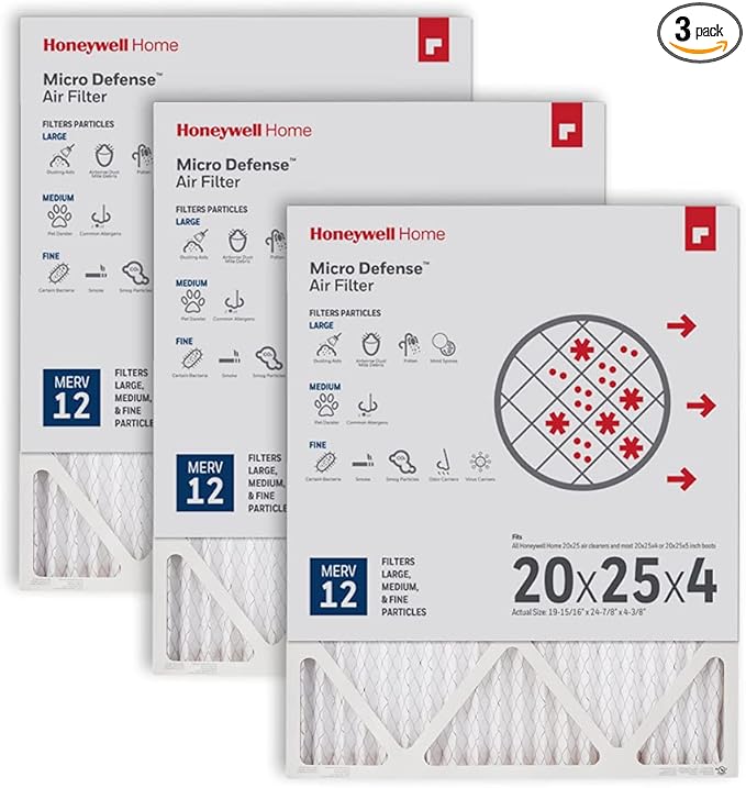 Honeywell Home 20x25x4 MERV 12, AC Furnace Air Filter, 3 PACK (CF200A1016-3PKAM) (Actual Dimensions: 19.9 x 24.9 x 4.38 in.)