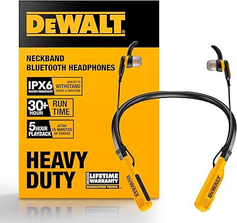 DEWALT Heavy Duty Bluetooth Neckband Headphones, Wireless Around The Neck Earbuds w/ 30H Runtime + Noise Isolation, Secure Magnetic Wireless Earbuds, Jobsite Pro Built-in Mic Bluetooth Headsets