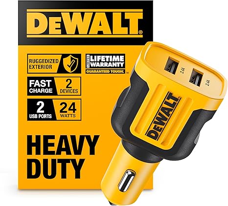 DEWALT Heavy Duty 24W USB Car Charger Adapter, Cigarette Lighter Adapter USBA Charger, Fast Charging Car Lighter USB Adapters, Cell Phone Automobile Chargers for iPhone, Samsung Galaxy, iPad