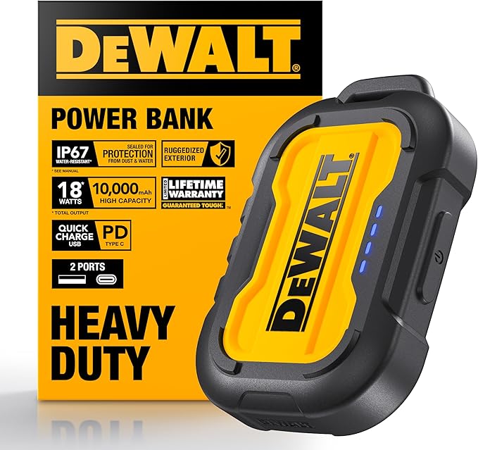 DEWALT Heavy Duty Portable Charger, Power Bank, Travel Worksite 10,000 mAh Battery Pack with USB-C Port for iPhone 17/16 Plus Pro Max, iPhone 15/14/13, Samsung Galaxy
