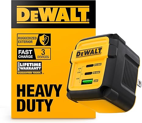 DEWALT Heavy Duty 3 Port Dual USB C Charger Block, USB C Power Adapter GaN Charger (65W), PPS 3-Port Fast Compact Foldable for MacBook Pro/Air iPad Pro Galaxy S23 Dell XPS 13 iPhone 17/16/15