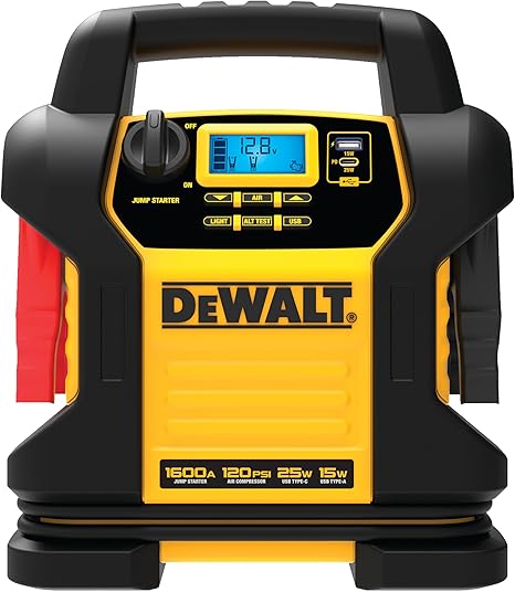 DEWALT DXAEJ14-Type2 Digital Portable Power Station Jump Starter - 1600 Peak Amps with 120 PSI Compressor, AC Charging Cube, 15W USB-A and 25W USB-C Power for Electronic Devices