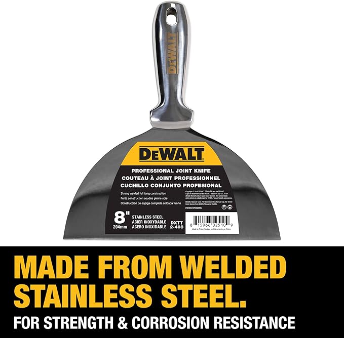DEWALT 8" All Stainless Steel Joint Knife | One-Piece Premium Polished Metal Putty Blade | 2-408