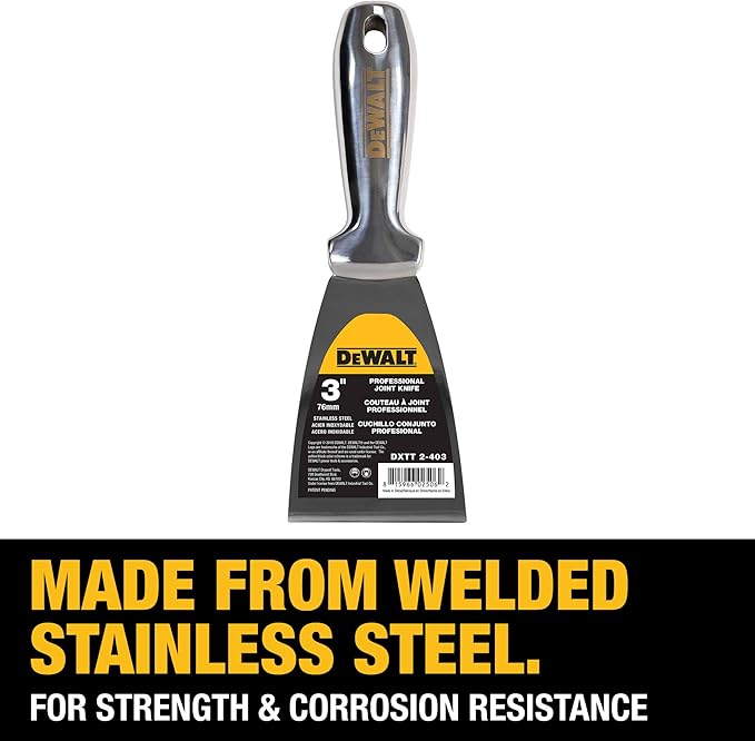 DEWALT 3" All Stainless Steel Joint Knife | One-Piece Premium Polished Metal Putty Blade | 2-403