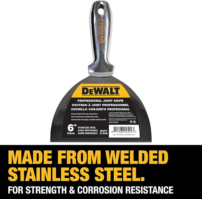 DEWALT 6" All Stainless Steel Joint Knife | One-Piece Premium Polished Metal Putty Blade | 2-406