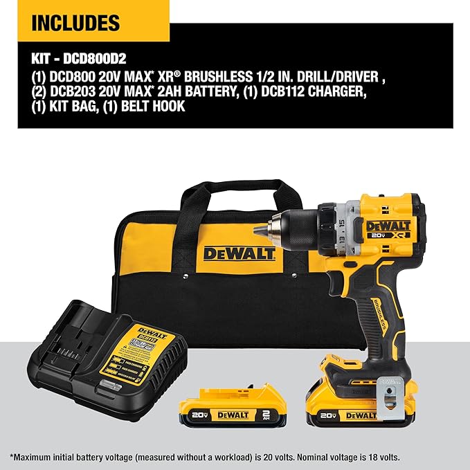 DEWALT 20V MAX XR Cordless Drill/Driver Kit, Brushless, Compact, with 2 Batteries and Charger (DCD800D2)