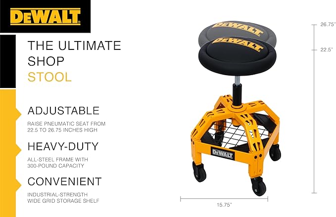 DEWALT Heavy-Duty Metal Rolling Stool for Shop or Garage, Padded 360-degree Swivel Seat, Durable Steel Frame, Adjustable