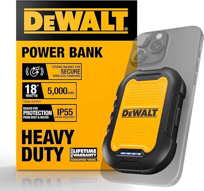 DEWALT Heavy Duty Magnetic Power Bank 5,000mAh, Rugged Wireless Portable Charger 18W Fast Charging Battery Pack, USB-C to C w/USB Adapter Cable 4' Water Resistant Works w/Magsafe iPhone 17/16/15/14