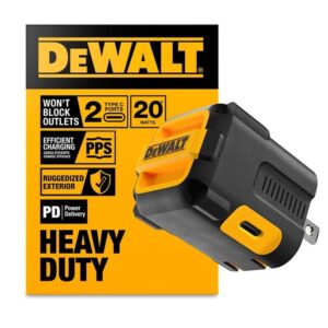DEWALT Heavy Duty NeverBlock 20W Type C Charger, Dual Port Angled Cube Wall Adapter w/Foldable Plug, Patented Design Fast Charging Block for iPhone 17 16 15 14 13 Pro Max, Samsung Galaxy S24, HTC, LG