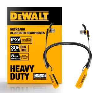 DEWALT Heavy Duty Bluetooth Neckband Headphones, Wireless Around The Neck Earbuds w/ 30H Runtime + Noise Isolation, Secure Magnetic Wireless Earbuds, Jobsite Pro Built-in Mic Bluetooth Headsets