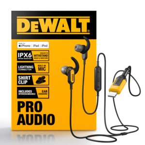 DEWALT Heavy Duty Earphones for Lightning, Compatible w/Apple iPhone Headphones Wired, Jobsite Water-Resistant for iPhone Headphones Wired Lightning, Corded Earphones for iPhones 14 and Older