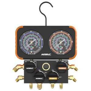 NAVAC N4A4H Manifold Gauge | Class 1.0 Accuracy | Impact-Resistant HVAC Gauge | Aluminum Body and Rubber Cover | Easy-to-Read Analog Display | 4 Valves | with Hoses | 1 Year Warranty