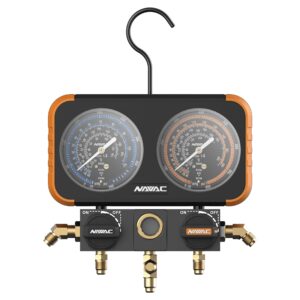NAVAC N2A4 Manifold Gauge | Class 1.0 Accuracy | Impact-Resistant HVAC Gauge | Aluminum Body and Rubber Cover | Easy-to-Read Analog Display | Folding Hook | 1 Year Warranty