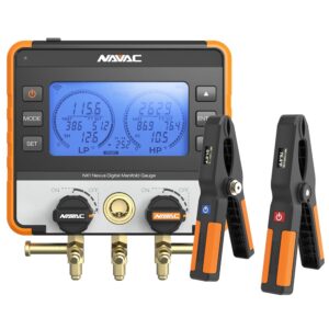 NAVAC NX1 Nexus Digital Manifold Gauge - Bluetooth for Temperature Probes - Impact-Resistant HVAC Gauge with Aluminum Body and Rubber Cover - A2L Compatible - 2 Years Warranty