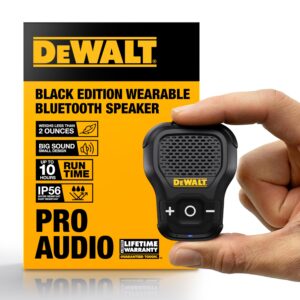 DEWALT Wearable Bluetooth Speaker [Onyx Edition - Black] Clip-On Wireless Jobsite Pro Water-Resistant Portable Speaker (Non- Magnetic), Mic for Hands-Free Music/Calls, Mini Speakers Bluetooth Wireless